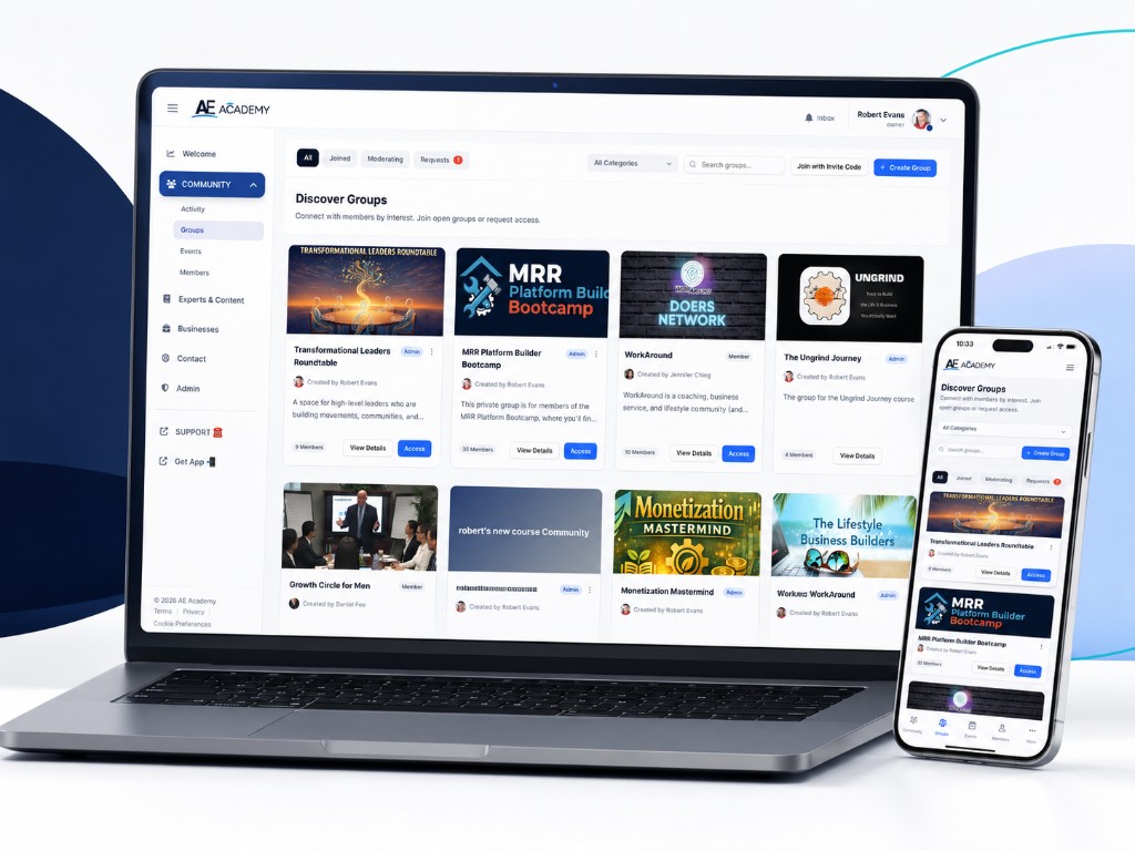 AE Academy Discover Groups experience on desktop and mobile