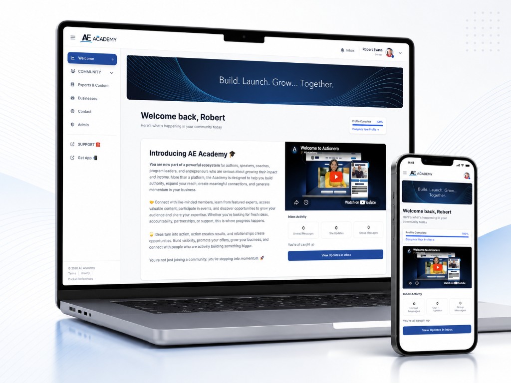 AE Academy community dashboard on laptop and mobile, built on The Community Site